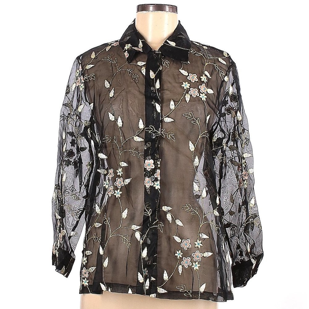 Floral Embroidered Sheer Black Blouse
